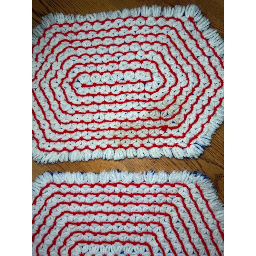 Vintage Handmade Crochet Loom Knit Placemats Blue Red White Geometric Patriotic